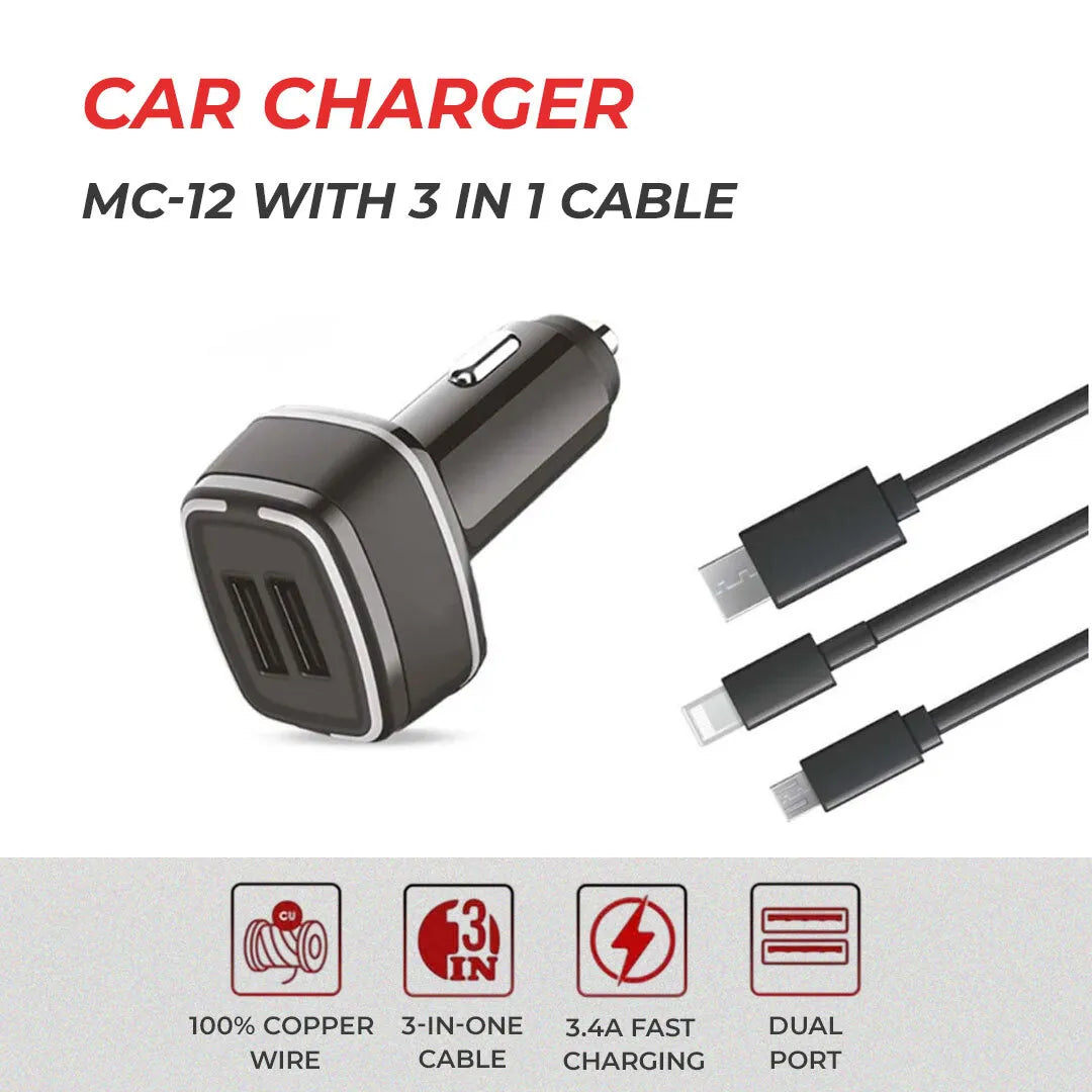 Car Charger Mc-12 With 3 In 1 Cable